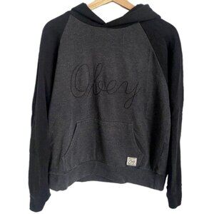 Obey Black and Grey Long Sleeve Pocket Hoodie Sweatshirt Size Medium